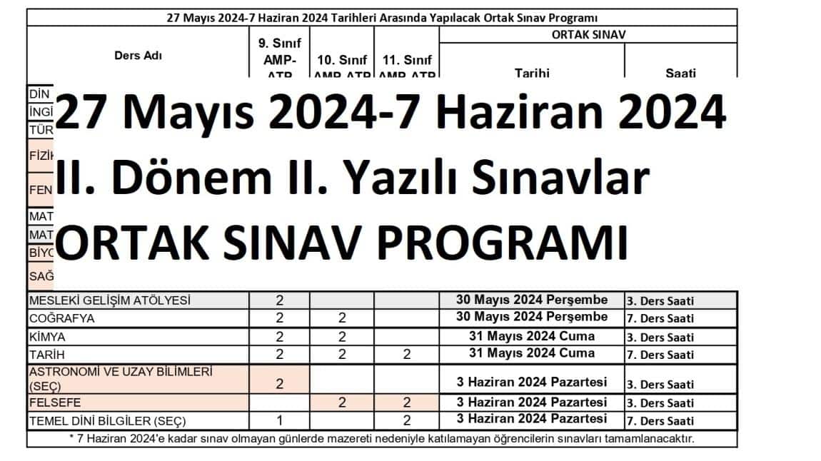 2023-2024 II. Dönem II. Yazılı Ortak Sınav Programı